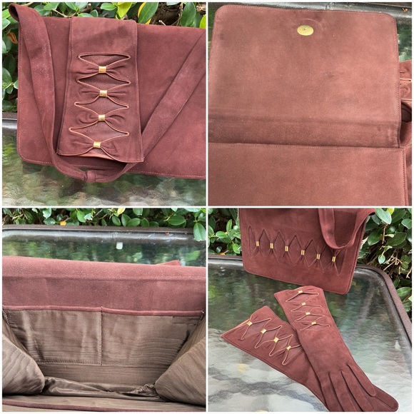 Vintage Brown Suede Glove & Matching Shoulder Bag Set with Gold Accents - Picture 4 of 4
